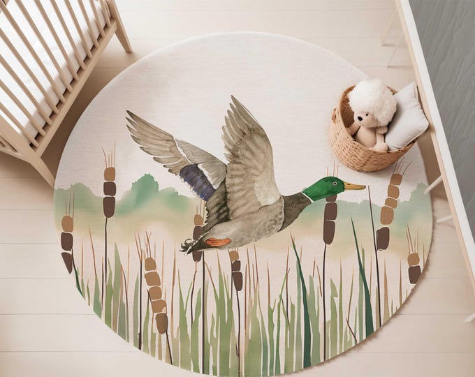 Duck hunting nursery area rug, 5-foot Round Area rug, Mallard nursery rug, Carpet for kids' bedroom, Duck flying over cattails nursery rug