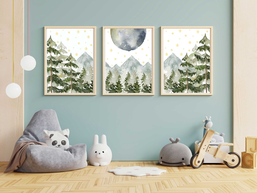 Mountain Night Sky Nursery Wall Art Prints Woodland Nursery Etsy