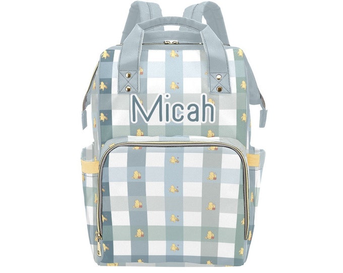Winnie the Pooh Backpack Diaper Bag | Plaid Winnie the Pooh Diaper Bag | Boy Diaper Bag | Baby Shower Gift | Blue and Green Plaid Nappy Bag