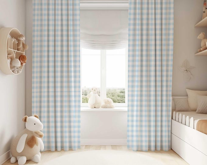 Blue Gingham Room Darkening Curtains: Kids Plaid Nursery Decor