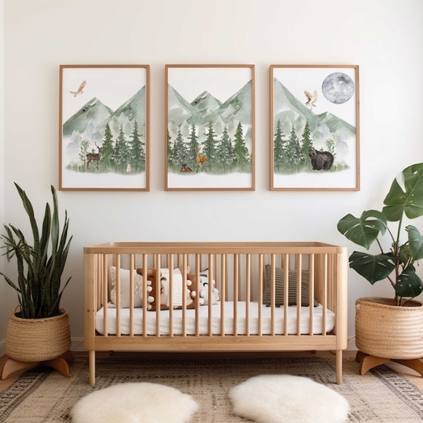 Mountain and Woodland Nursery Wall Art Prints - Green Mountain Nursery Decor - Woodland Animal Nursery Prints - Set of 3 Nursery Prints