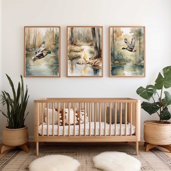 Aquarell Ente Kinderzimmer Wanddekoration | Entenjagd-Kinderzimmerdrucke | Jagdhund-Kinderzimmerdrucke | Set mit 3 Drucken | Junge Jagd Kinderzimmer Dekor