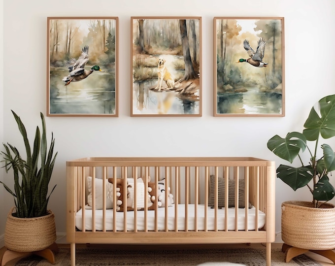Watercolor duck nursery wall decor | duck hunting nursery prints | Yellow lab nursery Prints | Set of 3 prints | Boy Hunting Nursery Decor