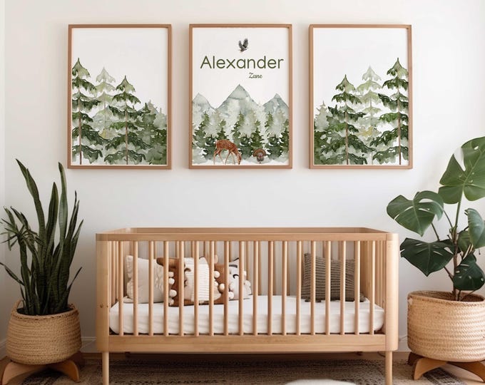 Personalized Woodland Nursery Decor, Rustic Nursery Prints, Forest Nursery Prints, Mountain nursery wall art prints, Set of 3 Canvas Prints