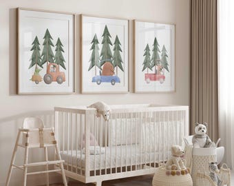 Car Nursery Print Set: Whimsical Woodland Animals, Set of 3