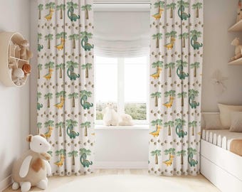 Dinosaur Nursery Curtains: Green & Yellow Kids Room Darkening Panels