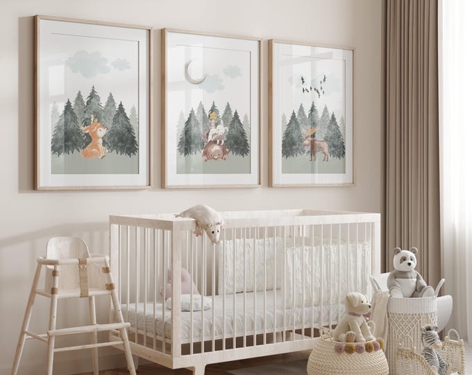 Woodland Animal Nursery Wall Art Prints, Woodland Nursery Decor, Forest Animal Nursery Prints, Set of 3 prints, Animal Nursery Art Prints