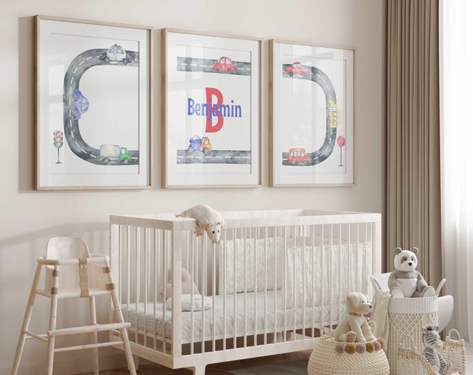 Personalized Car Race Track Nursery Wall Art Prints, Transportation nursery Decor for Boys, Boys Nursery Wall Decor, Set of 3 Wall Prints