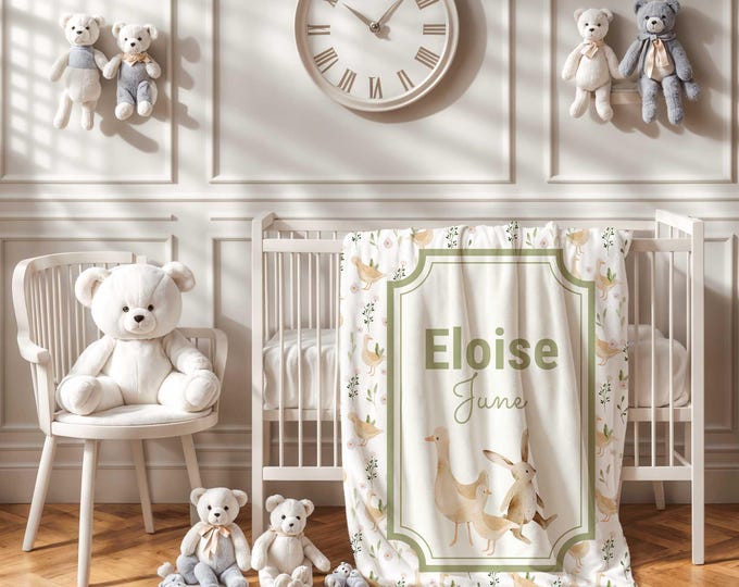 Personalized Goose and Bunny Baby Blanket, Forest Nursery Decor, Gender Neutral Newborn Baby Blanket, Custom Baby Shower gift, Soft Blanket