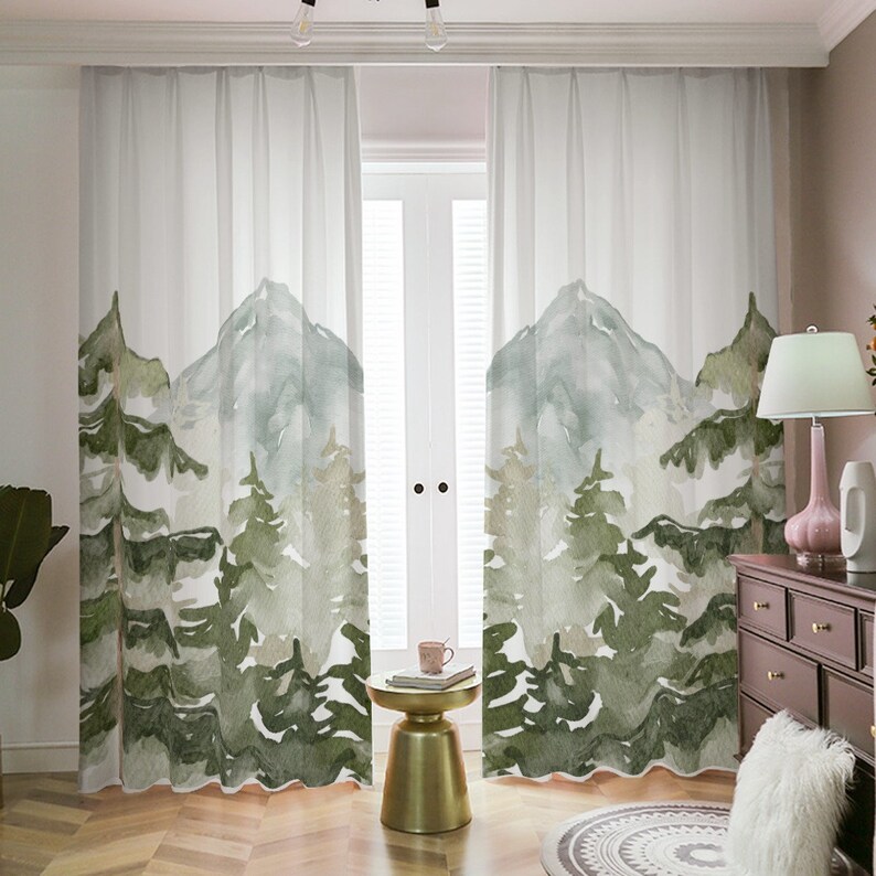 Mountain Nursery Curtains | Mountains and Pine Trees Nursery Decor | Kids Bedroom Curtains | Mountain Window Drapes | Black Out Curtains