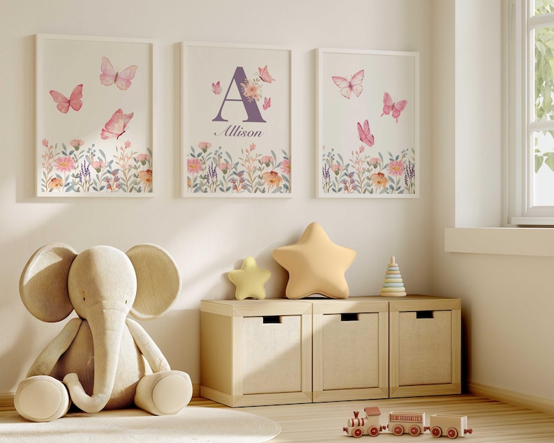 Personalized Butterfly Nursery Prints: Set of 3 Floral Wall Art - Etsy