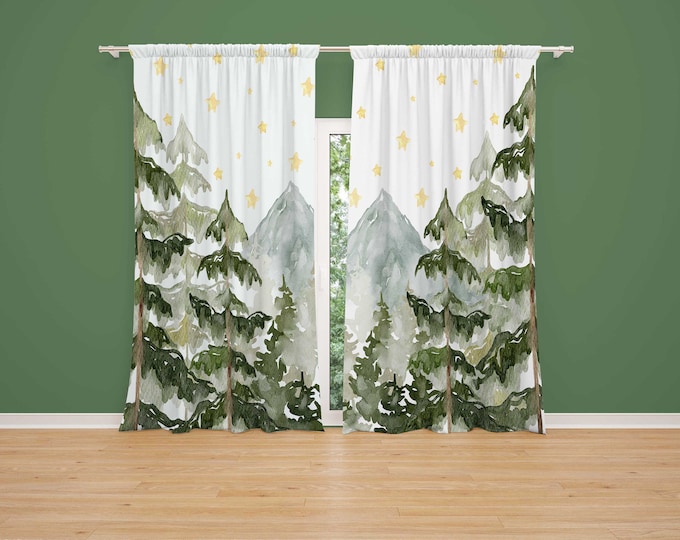 Mountain Nursery Curtains | Nighttime Mountain Nursery Decor | Kids Bedroom Curtains | Mountain Forest Window Drapes | Black Out Curtains
