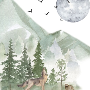 May include: A watercolor illustration featuring a howling wolf and a small raccoon standing in a forest landscape with green pine trees, a large mountain in the background, a full moon, and several black birds flying in the sky.