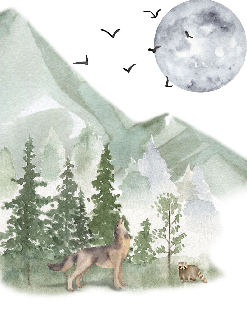 May include: A watercolor illustration featuring a howling wolf and a small raccoon standing in a forest landscape with green pine trees, a large mountain in the background, a full moon, and several black birds flying in the sky.