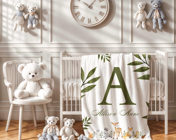 Personalized Forest Animal Baby Blanket, Woodland Nursery, Gender Neutral Blanket, Baby Crib Blanket, Toddler Gift, Green Baby Name Blanket