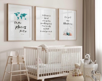 Oh, the places you'll go nursery decor, Dr. Seuss nursery prints, Mountain Nursery Decor, Set of three nursery prints, Adventure Prints