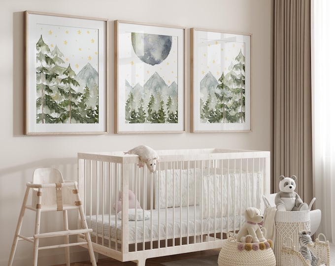 Mountain Nursery Decor, Mountain Nursery Wall Art Prints, Woodland Nursery Decor, Night sky Mountain nursery prints, Moon and Stars Forest