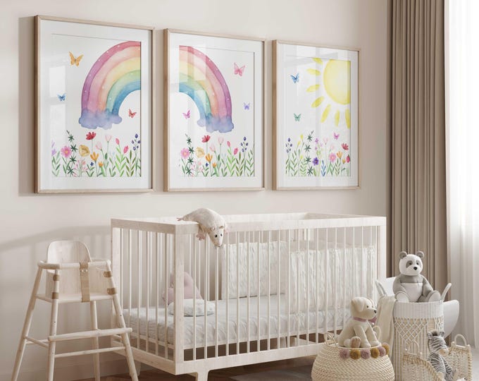 Wildflowers, Rainbow & Sunshine nursery wall decor, Garden nursery prints, Floral Nursery Decor, Set of 3 prints, Baby Girl Nursery