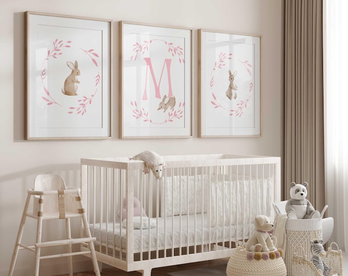 Bunny Rabbit nursery wall decor, Rabbit nursery prints, Personalized Initial nursery Prints, Set of 3 prints, pink bunny Nursery Decor