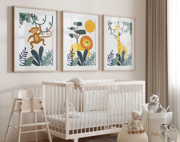 Jungle Animal Nursery Art Prints: Monkey, Giraffe, Lion - Set of 3