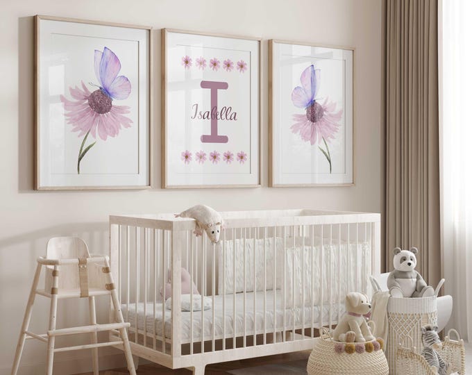 Personalized Purple flower Nursery Wall Art Prints, Butterfly Nursery Decor, Purple Nursery Prints, Set of 3 Baby Girl Prints, floral Prints