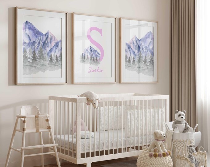 Personalized Mountain Nursery Prints: Purple and Pink Rustic Forest Wall Art, Set of 3