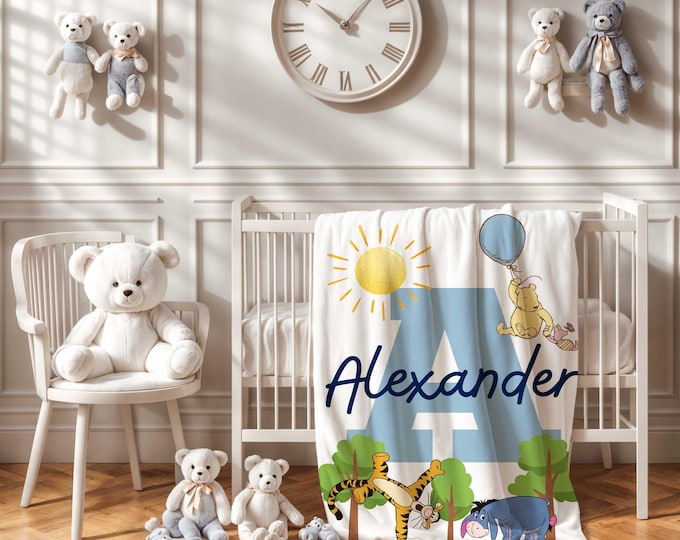 Personalized Winnie the Pooh Baby Blanket | Winnie the Pooh Bear Nursery Theme | Blue Baby Blanket | Baby Boy Pooh Crib Blanket | Baby Gift