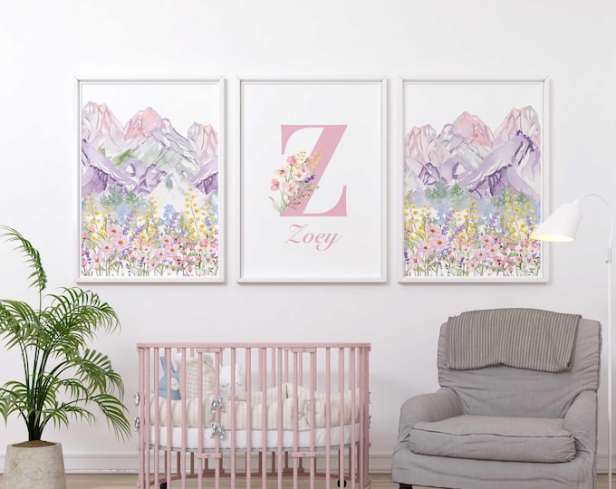 Wildflower Mountain Nursery Prints: Personalized Baby Girl Decor, Set of 3
