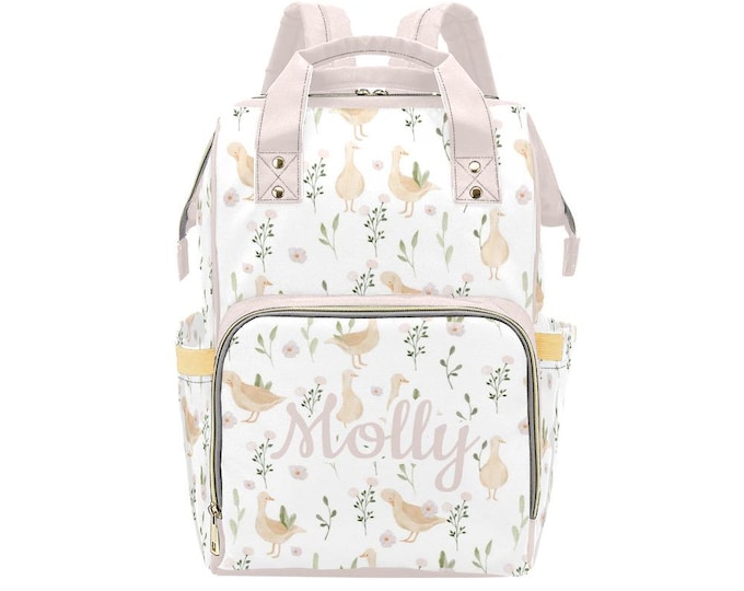 Personalized Goose pattern Backpack Diaper Bag, Pink Duck Diaper Bag, Gender Neutral Diaper Bag, Baby Shower Gift, Personalized Diaper Bag