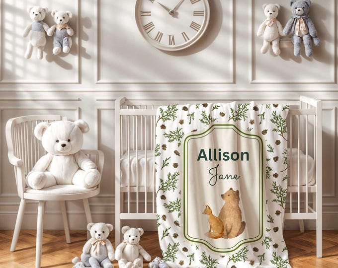 Personalized Woodland Animal Baby Blanket, Forest Nursery Decor, Gender Neutral Newborn Baby Blanket, Custom Baby Shower gift, Soft Blanket