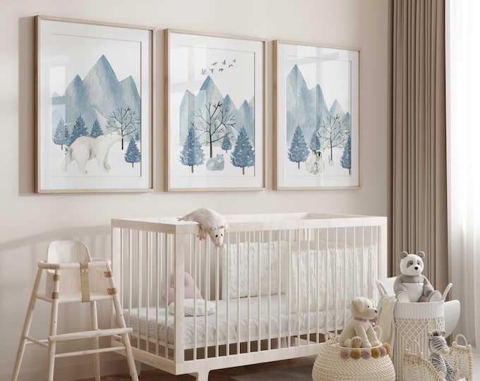 Arctic Animal nursery wall art prints, Arctic Mountains nursery decor, blue nursery prints, Set of 3 canvas prints, Polar Bears & Penguins