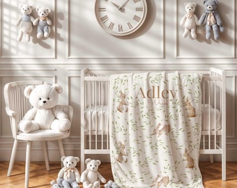 Personalized Bunny Rabbit Baby Blanket, Velveteen Rabbit Nursery Theme, Bunny Baby Blanket, Baby Girl Crib Blanket, Custom Baby Shower Gift