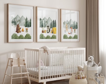 Camping Animals Nursery Prints: Watercolor Forest Decor, Set of 3