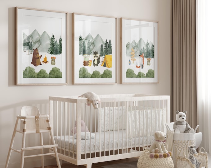 Camping animals' nursery wall decor | Mountain nursery decor | Forest animal prints | unframed set of 3 watercolor nursery prints | green