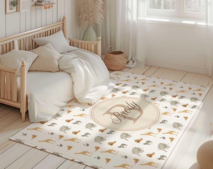 Personalized Safari Animal Nursery Area Rug, Jungle Nursery Area Rug, Custom Kids Rug, Neutral Playroom area rug, Toddler Boy Room Carpet