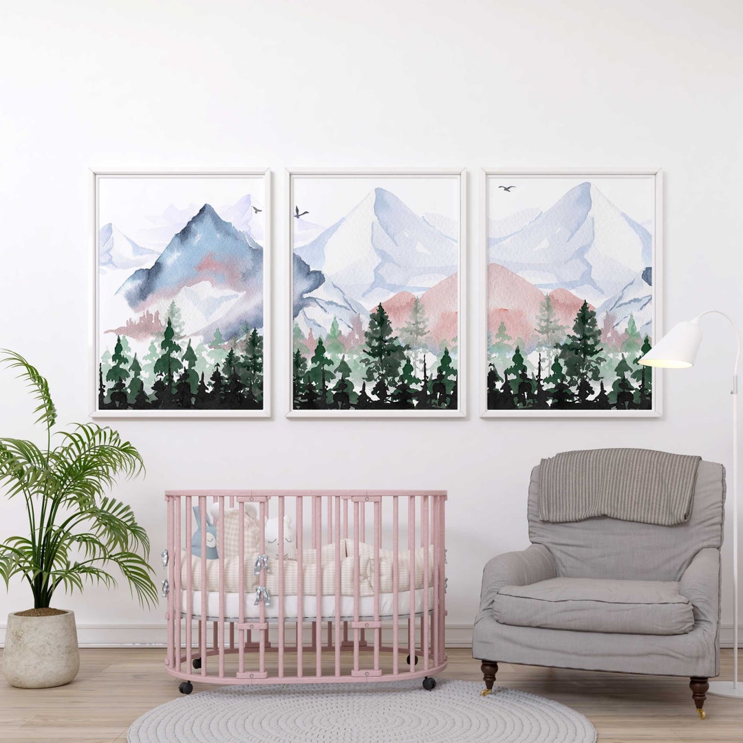 Pink Mountain Nursery Wall Decor Girl Nursery Prints Pink Nursery Wall