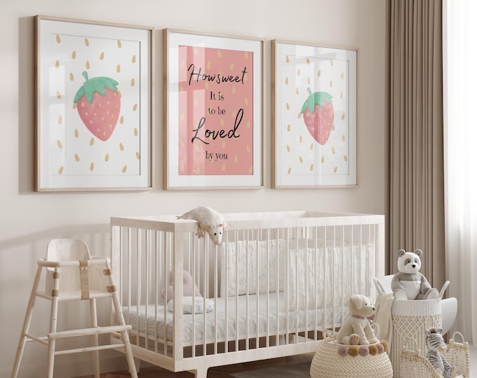 Strawberry Nursery Prints, Strawberry Wall Art, Pink Nursery Print, Strawberry Nursery, Strawberry decor, Set of 3 Nursery Prints, Baby Girl
