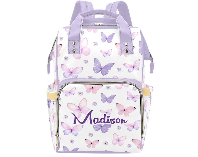 Personalized Purple Butterfly Pattern Diaper Backpack, Baby Girl Shower Gift