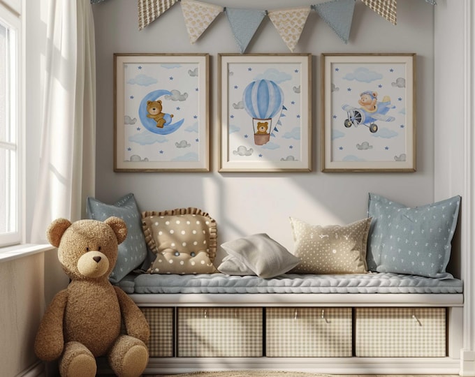 Teddy Bear Night Sky Nursery Prints: Celestial Nursery Theme, Set of 3