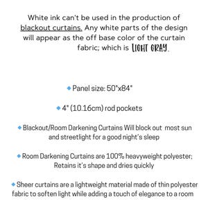 May include: Informational text regarding blackout curtains: White ink is not used, so white design elements appear as the light gray base fabric. Panel size is 50 inches by 84 inches with 4-inch rod pockets. Made of 100% heavyweight polyester.
