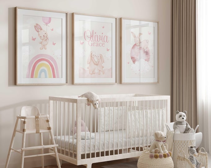 Personalized Rabbit nursery wall decor, Bunny nursery prints, Pink Nursery Decor, Set of 3 prints, Baby Girl Nursery Decor, Baby Shower Gift