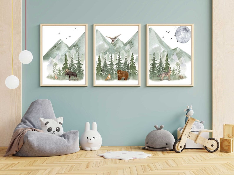 Mountain nursery decor | woodlands nursery decor | forest animals nursery decor | unframed set of three watercolor nursery prints | green