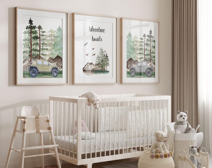 Adventure Awaits Nursery Wall Art Prints | Adventure nursery decor | Baby boy truck prints | Set of 3 Nursery Prints | Boy Adventure Decor