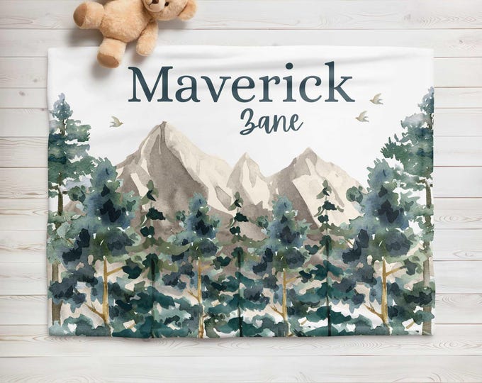 Personalized Mountain Forest Baby Blanket: Polyester Nursery Blanket