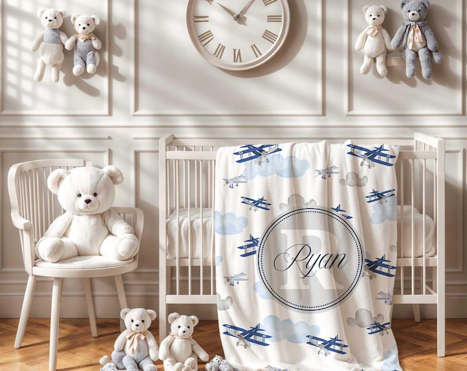 Personalized Airplane Baby Blanket: Soft Crib Blanket for boys