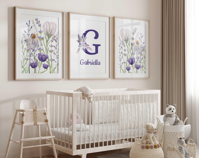 Personalized Wildflower Nursery Art Prints: Purple Floral Garden Decor, Set of 3