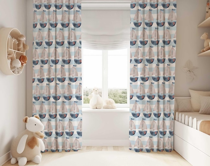 Sailboat Nursery Curtains, Nautical Nursery Window Curtains, Nautical Nursery Drapes, Kids Bedroom Curtains, Sailboat black out curtains