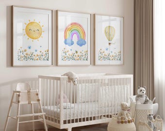Whimsical Garden nursery wall decor | Sunshine Rainbow Hot Air Balloon nursery prints | Set of 3 prints | Gender Neutral Nursery | yellow