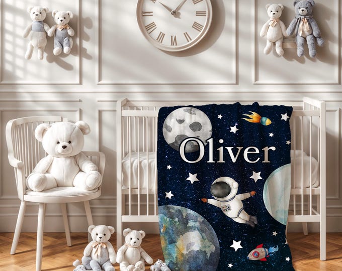 Personalized space Baby Blanket | Galaxy Nursery Theme | Blue Baby Blanket | Baby Boy Astronaut in space Crib Blanket | Baby Boy Gift