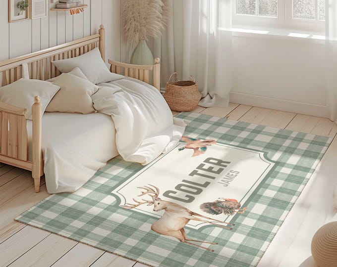 Personalized Kids Bedroom Rug, Green Plaid Nursery Area Rug, Kids Deer Rug, Custom Kids Rug, Deer Duck and Turkey Nursery Decor, Boy Rug
